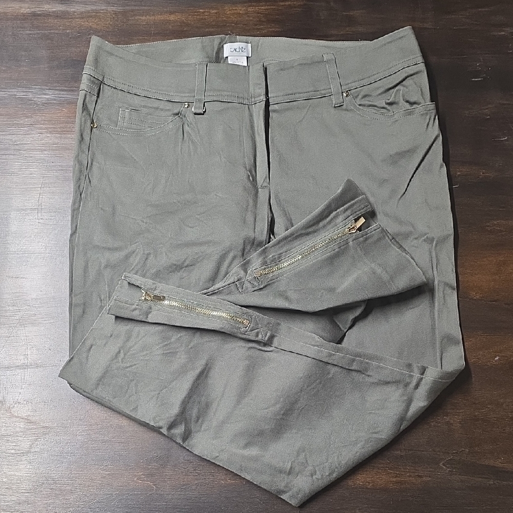 Cache Olive Green Pants with Gold Zipper Accents